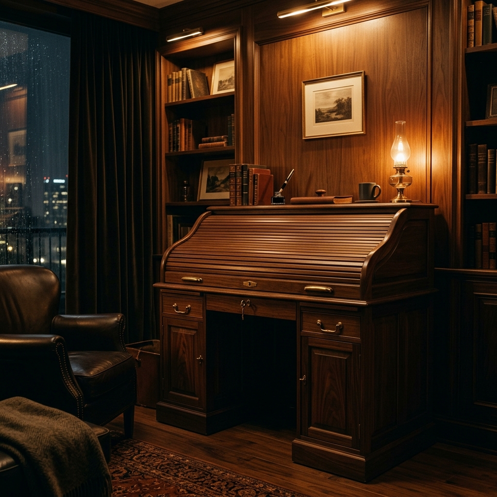 A closed walnut rolltop desk with brass rails, the laptop fully hidden behind the tambour front