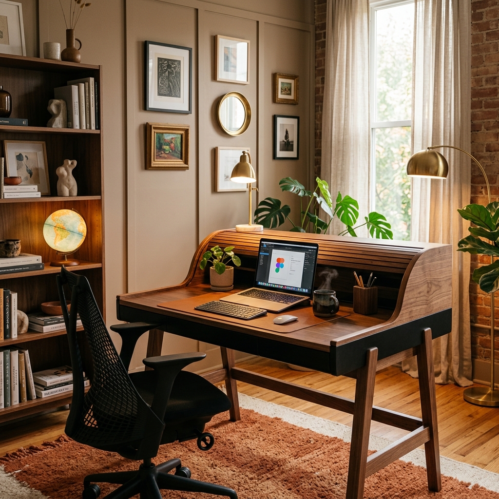 Warm-toned home studio corner with a Smart Rolltop desk open, laptop visible on the surface